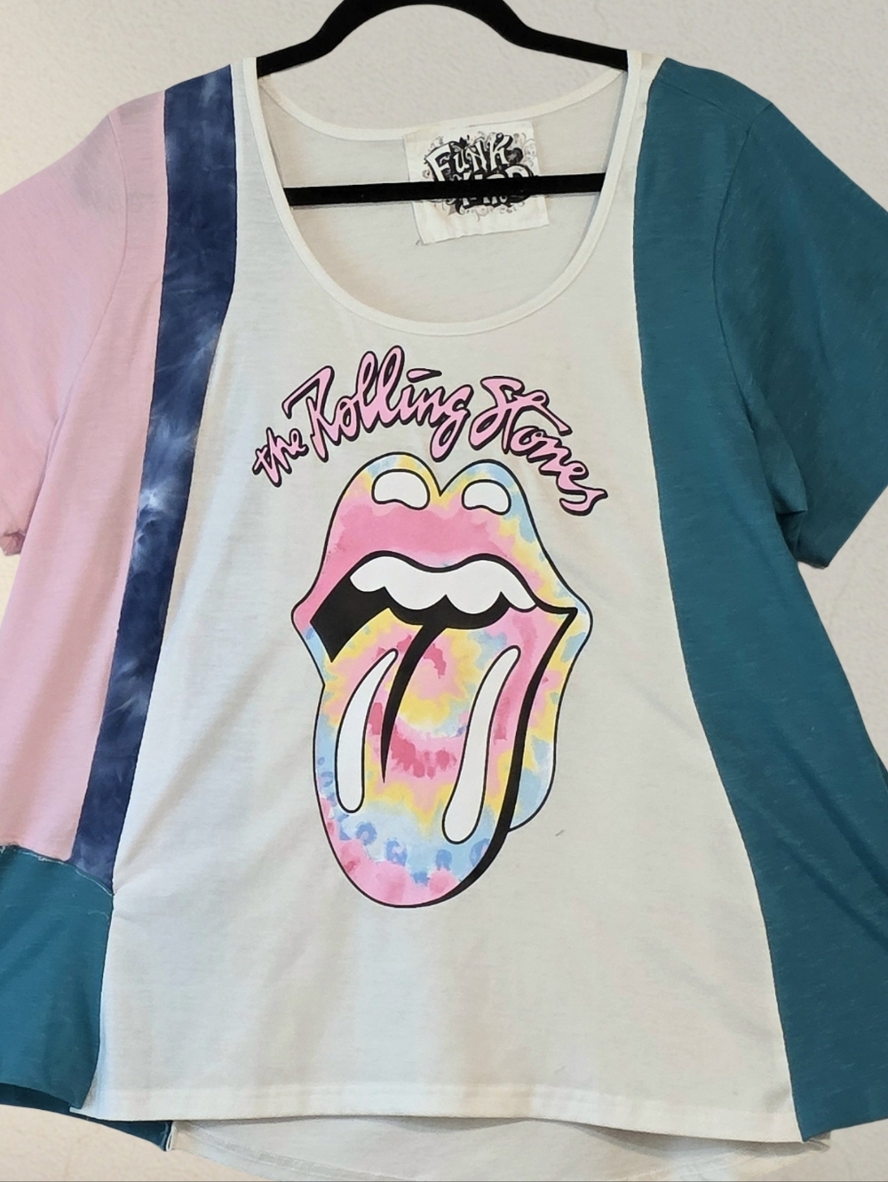 Upcycled Rolling Stones Tee Tie-Dye TShirt Plus Sized - Pink, Teal & White